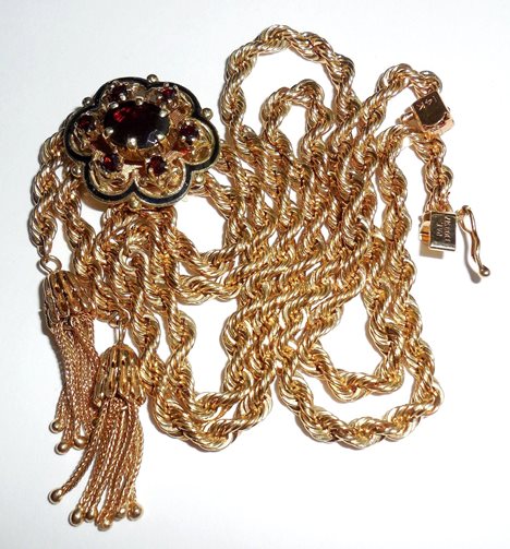 1967 Vintage 14k Gold 32 Inch Garnet Slide Tassel Necklace 37.4gr