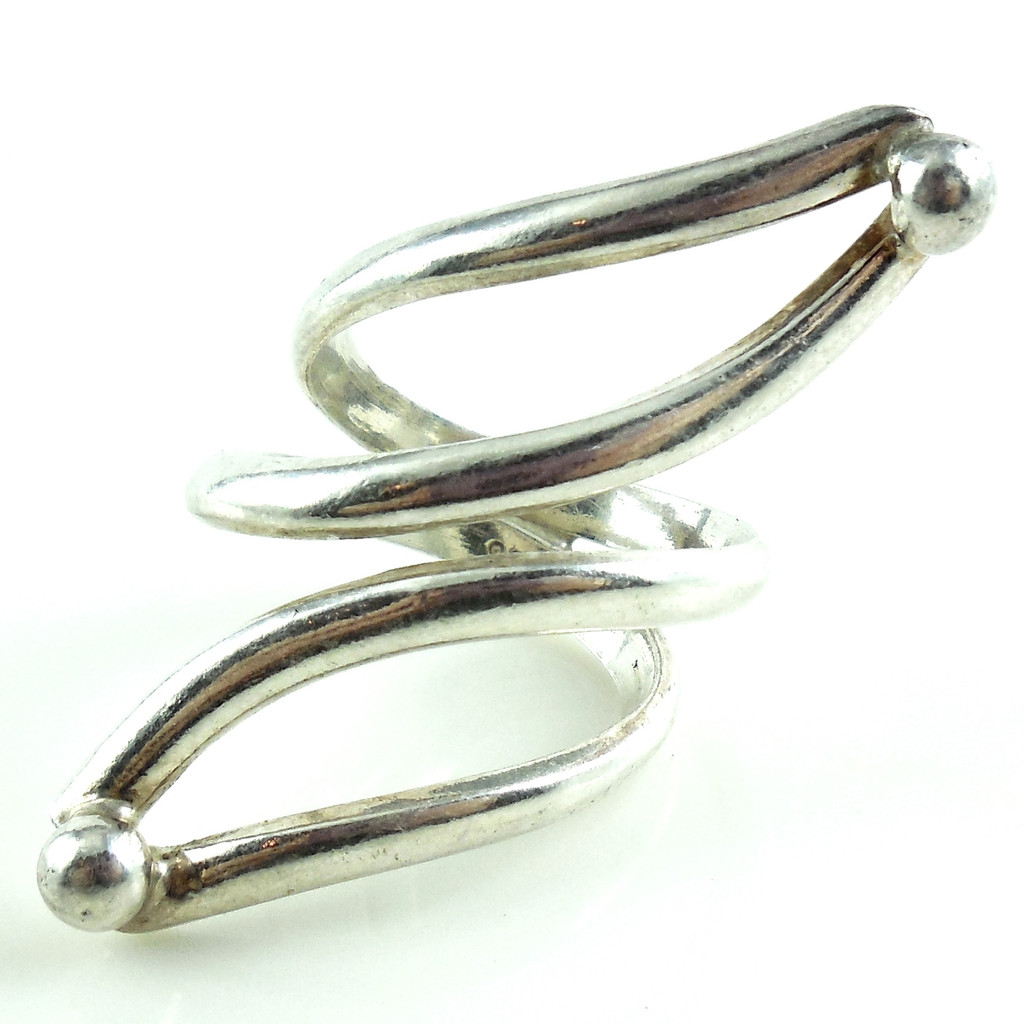 Vintage 1970s Modernism Long Fancy Sterling Silver Open Bypass Ring Size 7 8 8.5