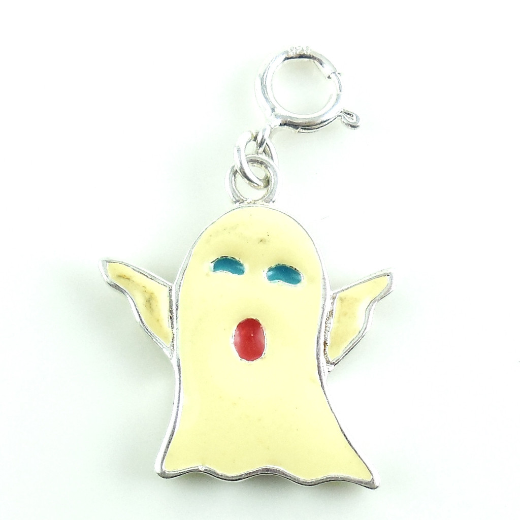 925 Sterling Silver Halloween White Enameled Ghost Charm