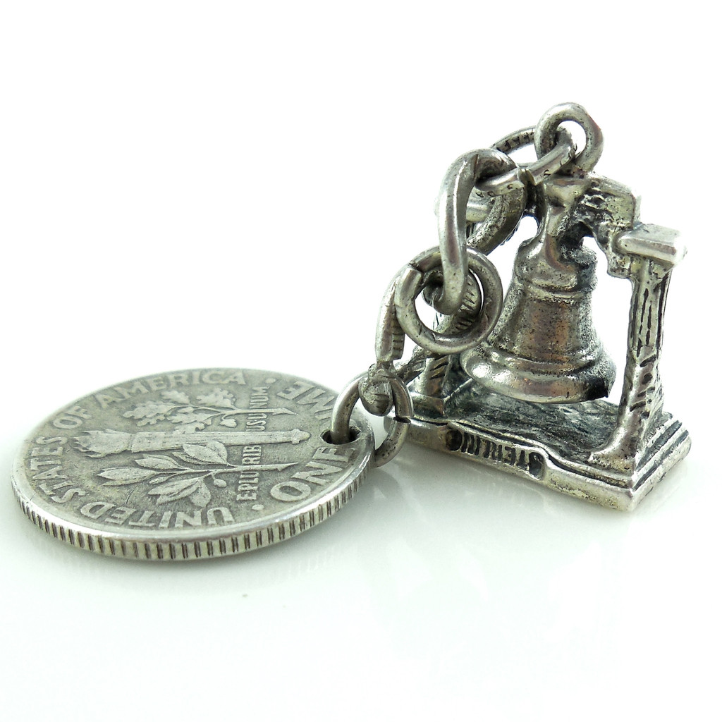 Vintage Sterling Liberty Bell Coin Silver 10 Cent Dime Charm