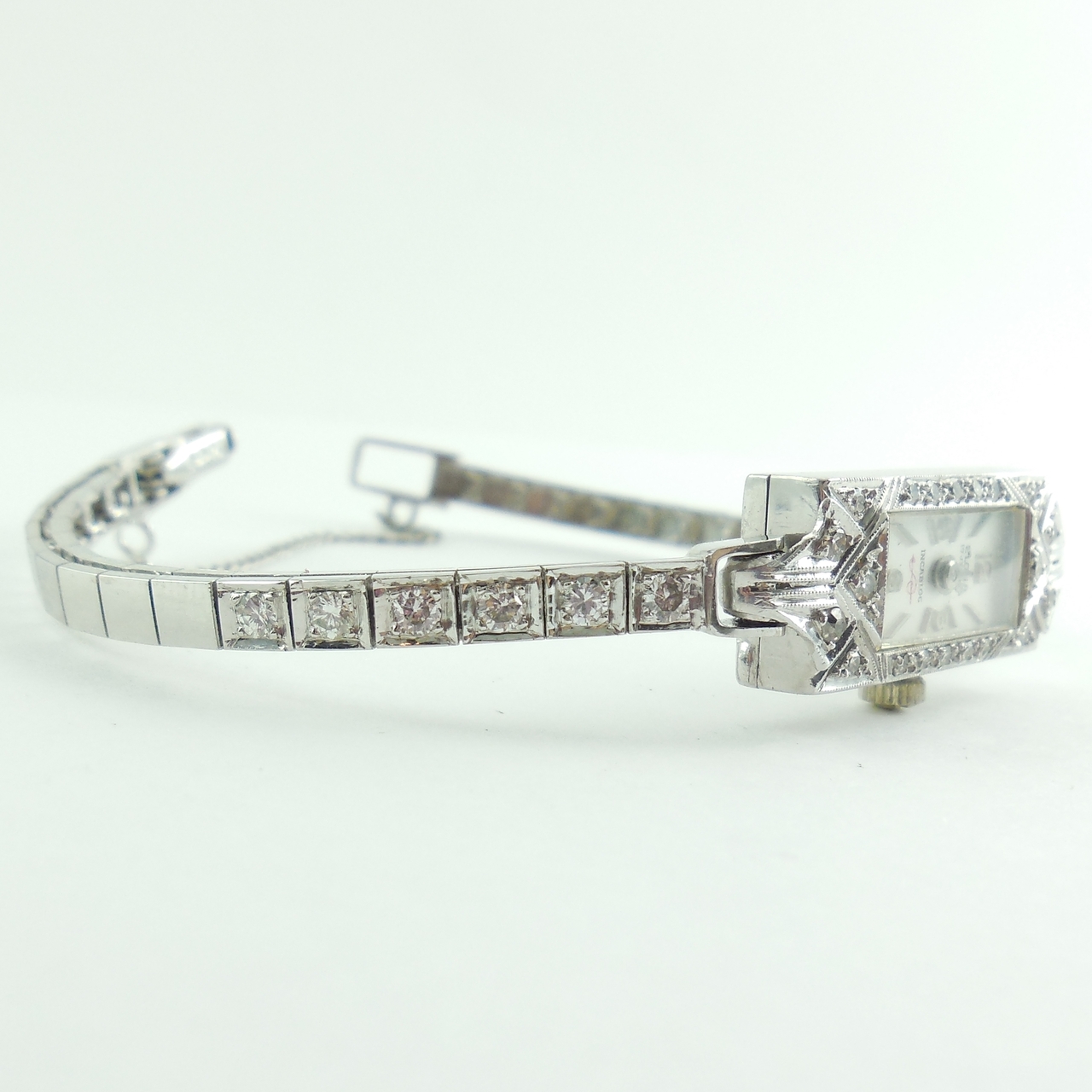 Art Deco Platinum Diamond And 14k Gold Eloga Swiss Bracelet Watch Wristwatch Size Small