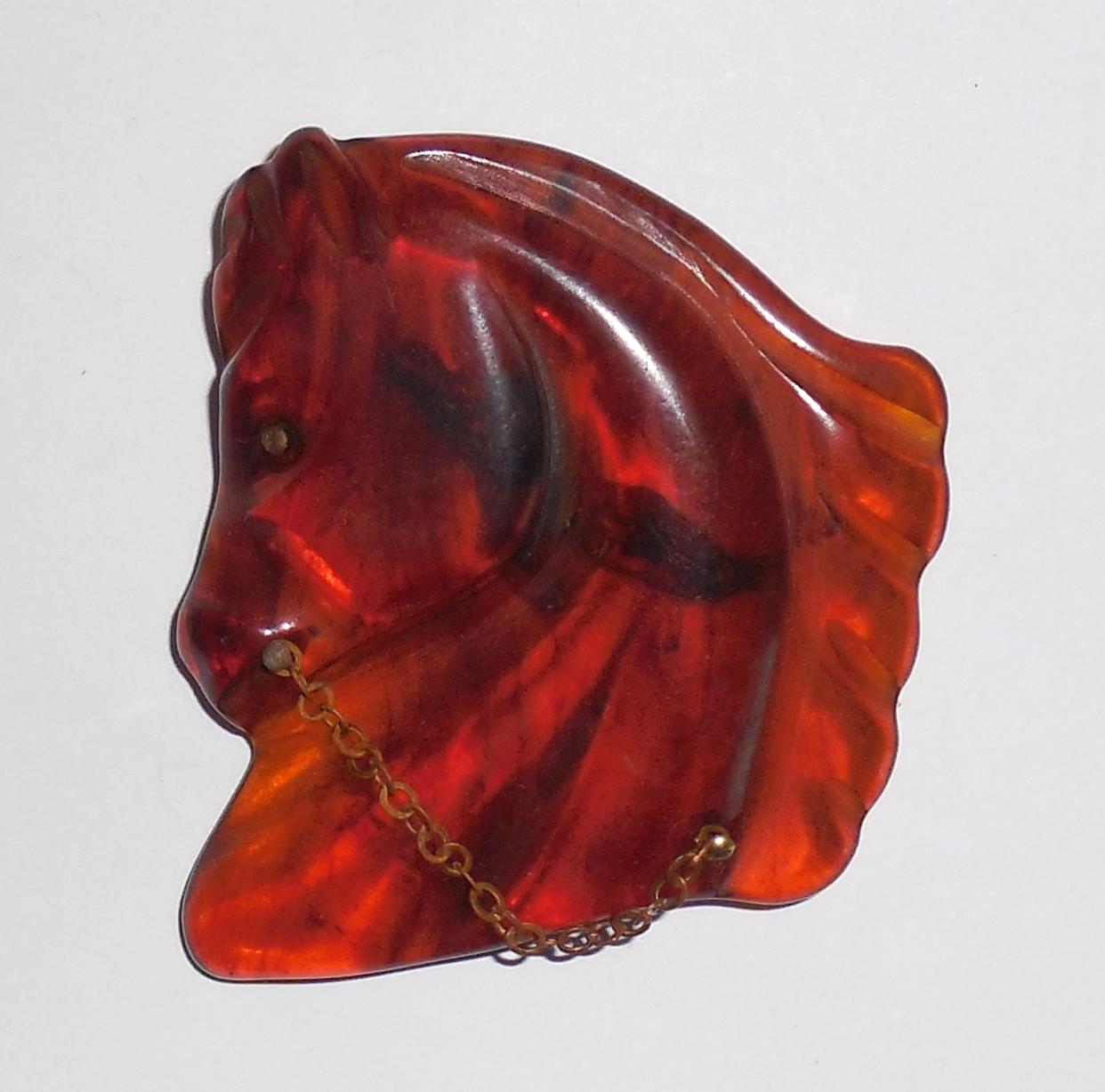 Vintage Translucent Amber Tortoise Color Bakelite Carved Horse Head Pin Brass Chain