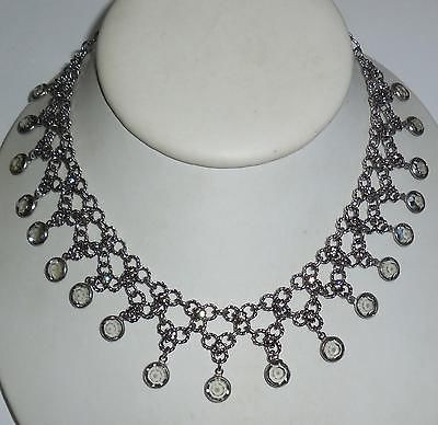 Vintage 1970s Bezeled Faceted Smokey Crystal Silvertone Bib Necklace Never Used