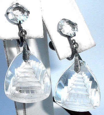 Vintage Asian Sterling Silver Pagoda Screwback Earrings Chinese Japanese Hand Etched