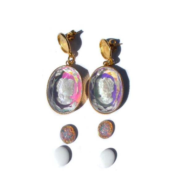 Retro 1970s Large Ab Crystal Intaglio Glass Cameo Dangle Earrings Choice Of Tops