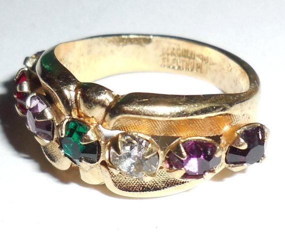 Vintage Heavy Gold Plated Mid Century Austrian Crystal Wide Ring Band Size 7