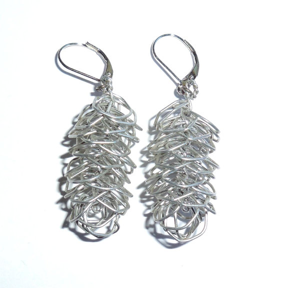 Modernist Handmade Sterling Silver Silver String Art Leverback Dangle Earrings Industrialist