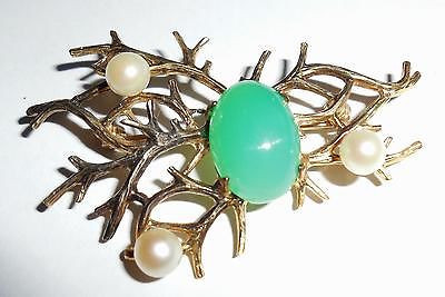 Vintage 1950s Art Deco Gold On Sterling Silver Jadeite Cultured Pearls Pin As Is