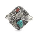Native American Julia Etsitty Navajo Sterling Silver Turquoise Coral Big Cuff Bracelet Medium
