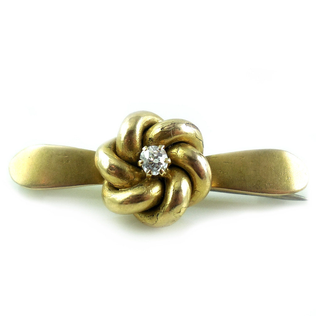 Antique Victorian 14k Yellow Gold Diamond Love Knot Dress Lingerie Pin 2.6gr