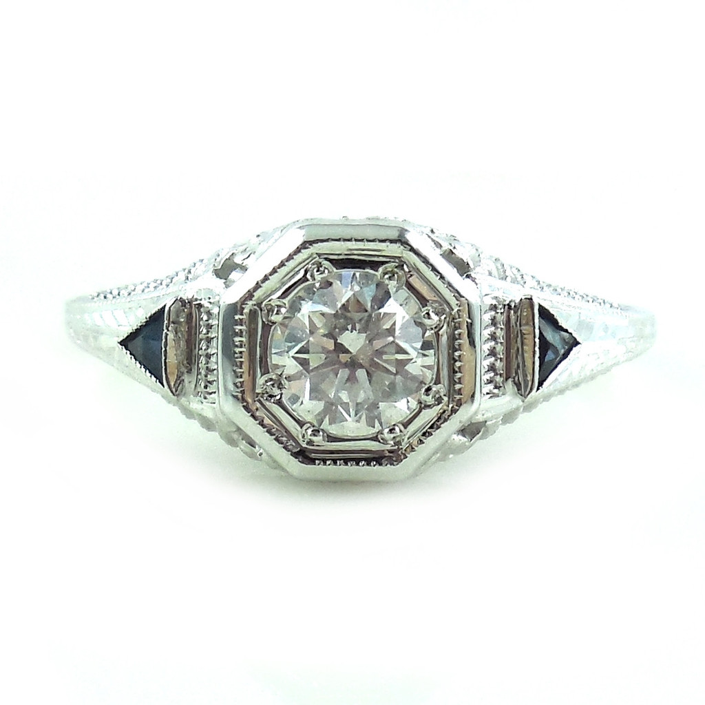 Vintage Art Deco 18k White Gold .52 Ct Diamond Sapphire Fancy Filigree Ring Size 5.75