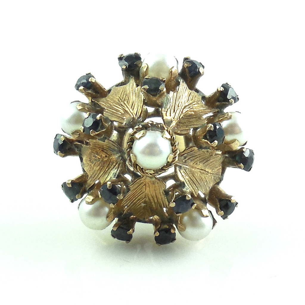 Large Vintage 14k Gold Sapphire And Pearl Jeweled Sphere Ring 6.5
