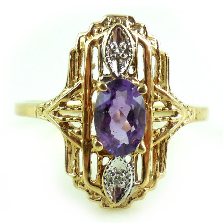 Vintage 10k Yellow Gold Fancy Filigree Amethyst Diamond Ring Size 6.5