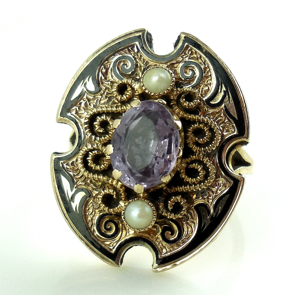 Victorian 10k Yellow Gold Taille D' Epergne Enamel Amethyst Pearls Ring Size 5.2