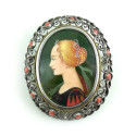 800 Silver Mediterranean Red Coral Hand Painted Portrait Pendant Pin