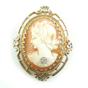Vintage 14k Gold 9.9gr Fancy Carved Shell Cameo Diamond Estate Pendant Pin