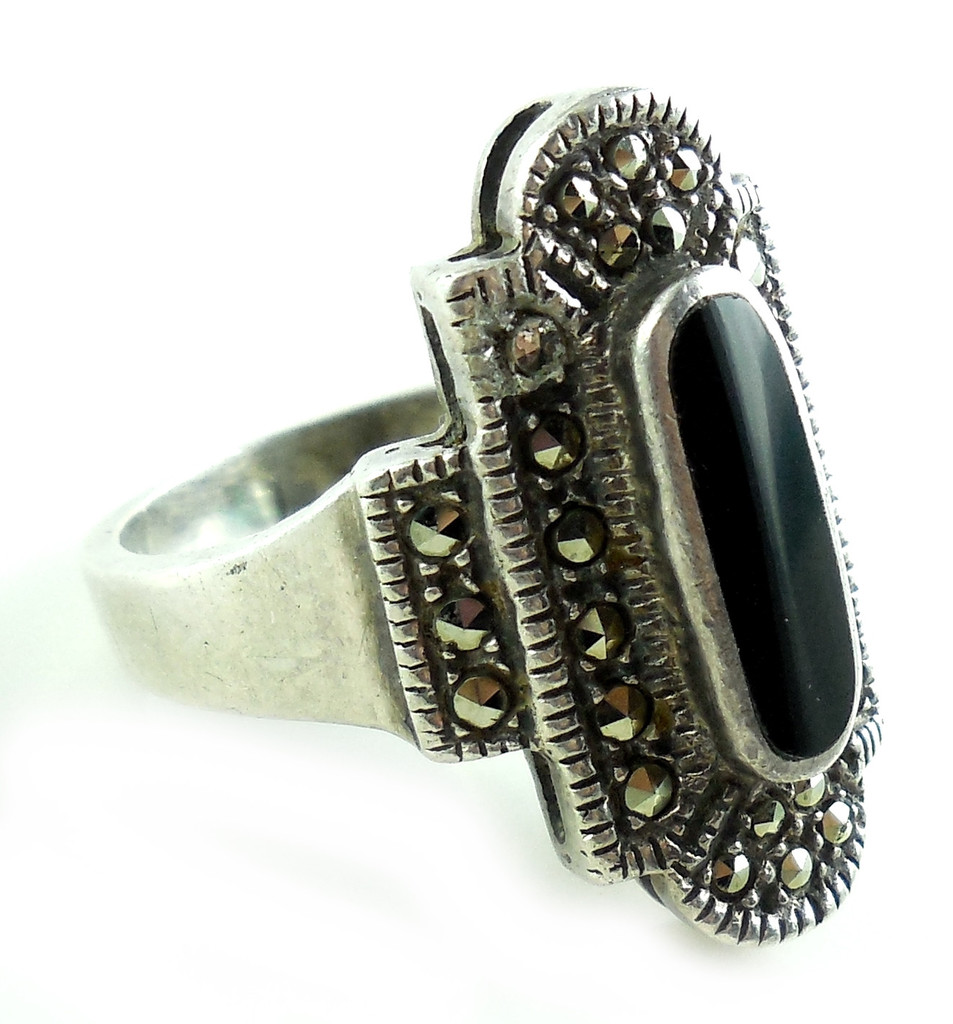 Vintage Sterling Silver Long Onyx Cut Steel Marcasites Ring Size 7