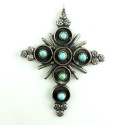 Hand Wrought Native American Sterling Silver Turquoise Cross Pendant 2 3/16" Southwestern
