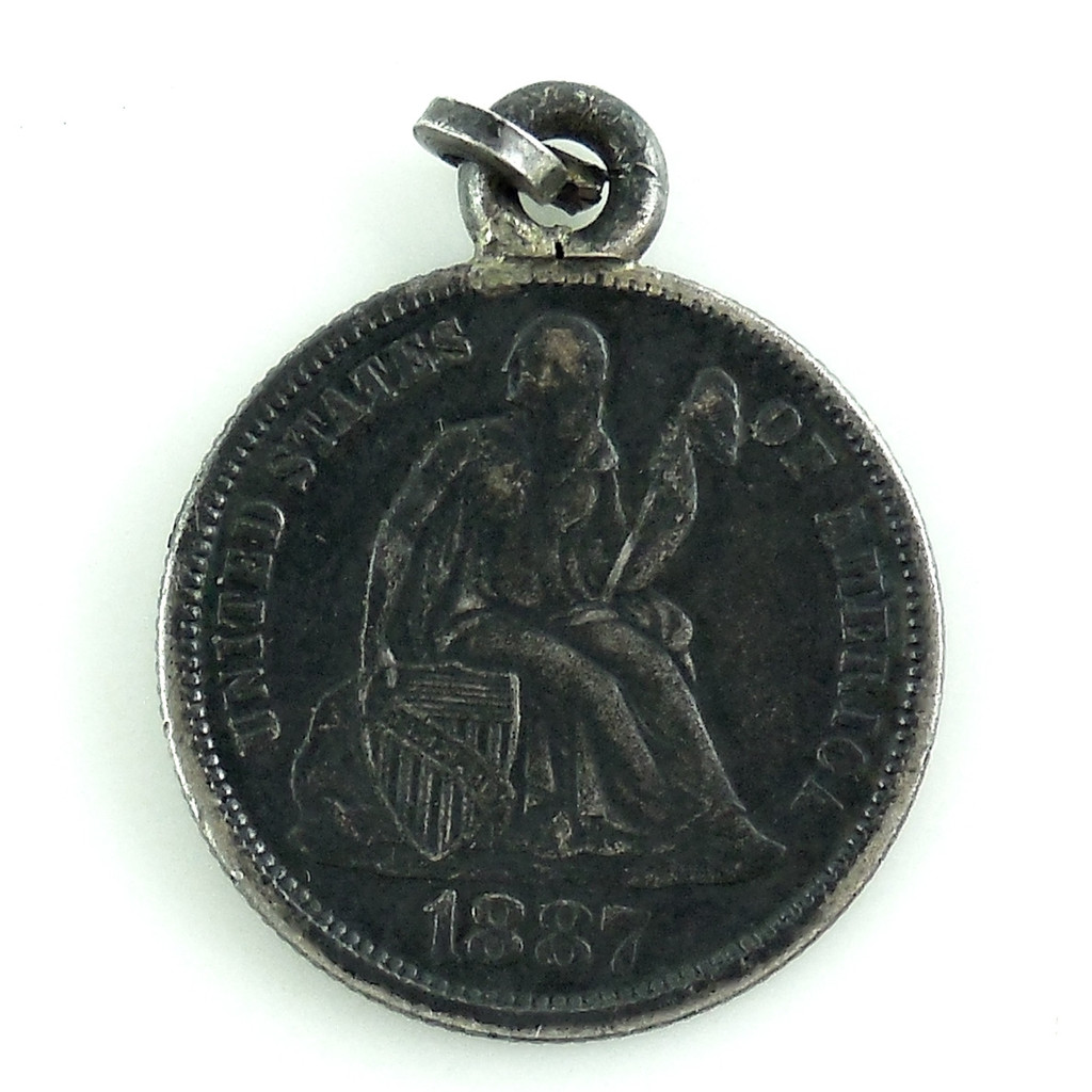 Antique Victorian 900 Coin Silver 1887 Seated Liberty Dime Love Token For Pendant Fob Charm