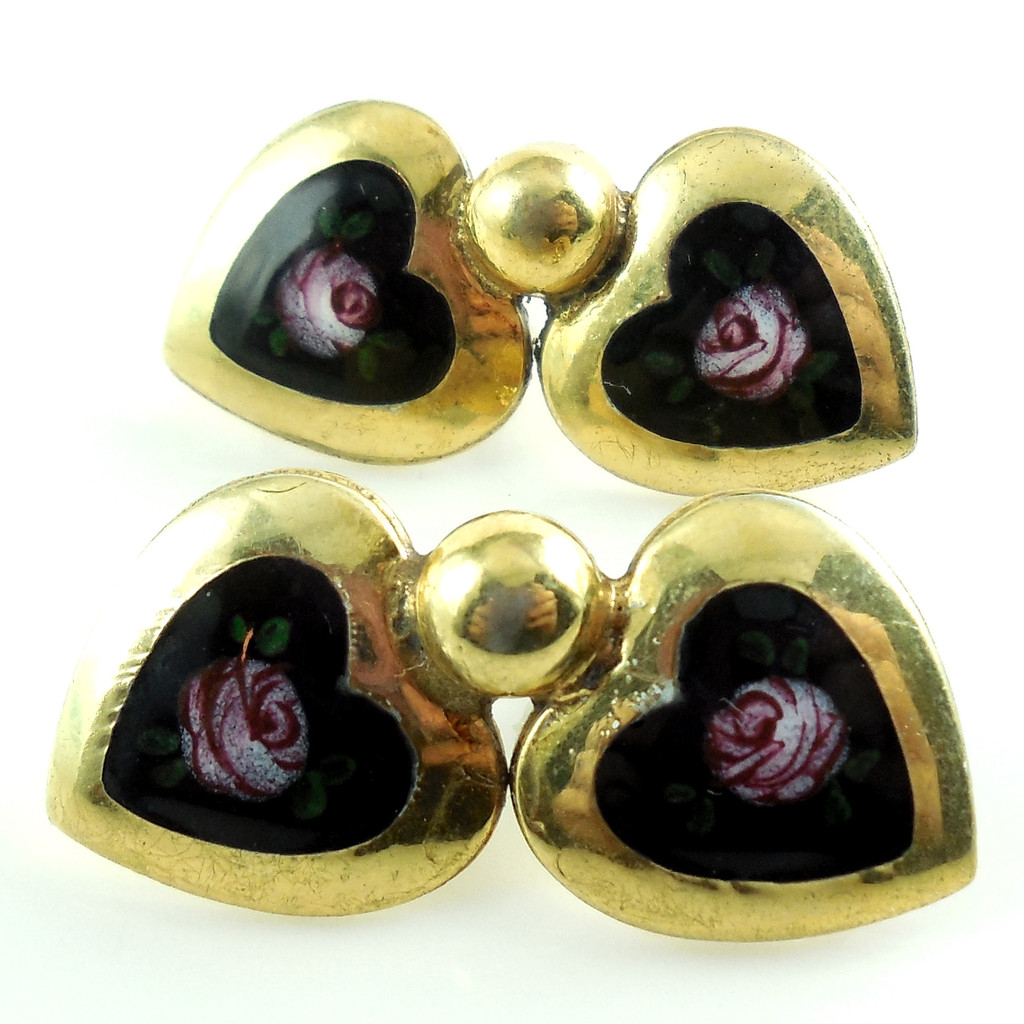 Vintage Art Deco Sterling Silver Gold Overlay Enamel Flower Heart Screw Earrings