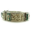 South American Green Stone And Sterling Silver Wide Fancy Cut Bracelet Ornate Peru Chile