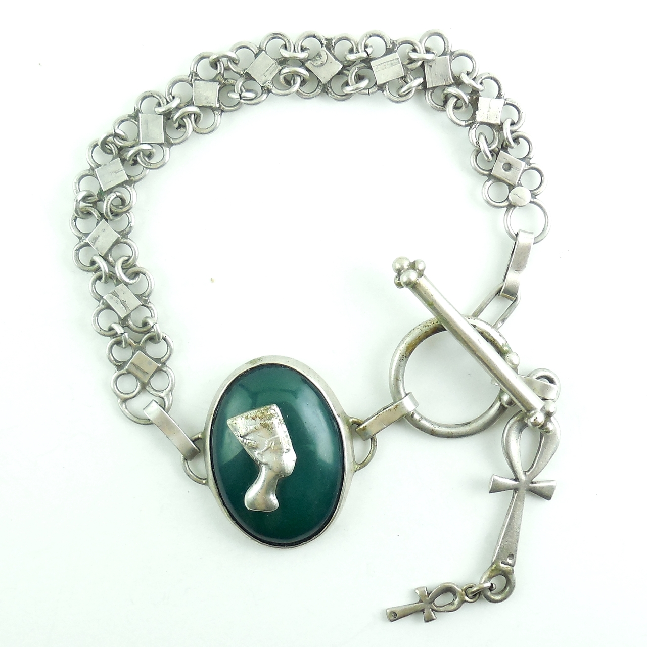 Vintage Egyptian Hallmark Sterling Silver Nefertiti Chalcedony Ankh Bracelet Large 8.75" Long