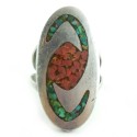 Vintage Long Handmade Sterling Silver Turquoise Coral Mosaic Ring Southwestern 5.25