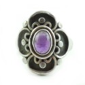 Vintage Hand Wrought Sterling Silver Amethyst Cab 4 Leaf Clover Ring Size 5.25
