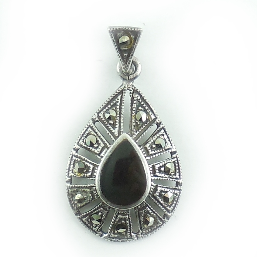 Vintage 925 Sterling Silver Onyx Marcasite Pendant