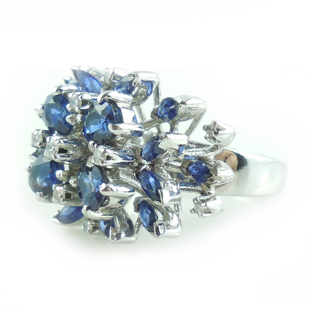 Vintage 18k White Gold Australian Sapphires And Diamond Burst Ring Size 7