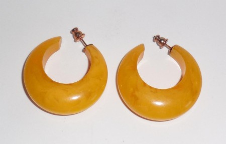 Thick Chunky Vintage Marbled Lemon Butterscotch Bakelite Wide Crescent Earrings