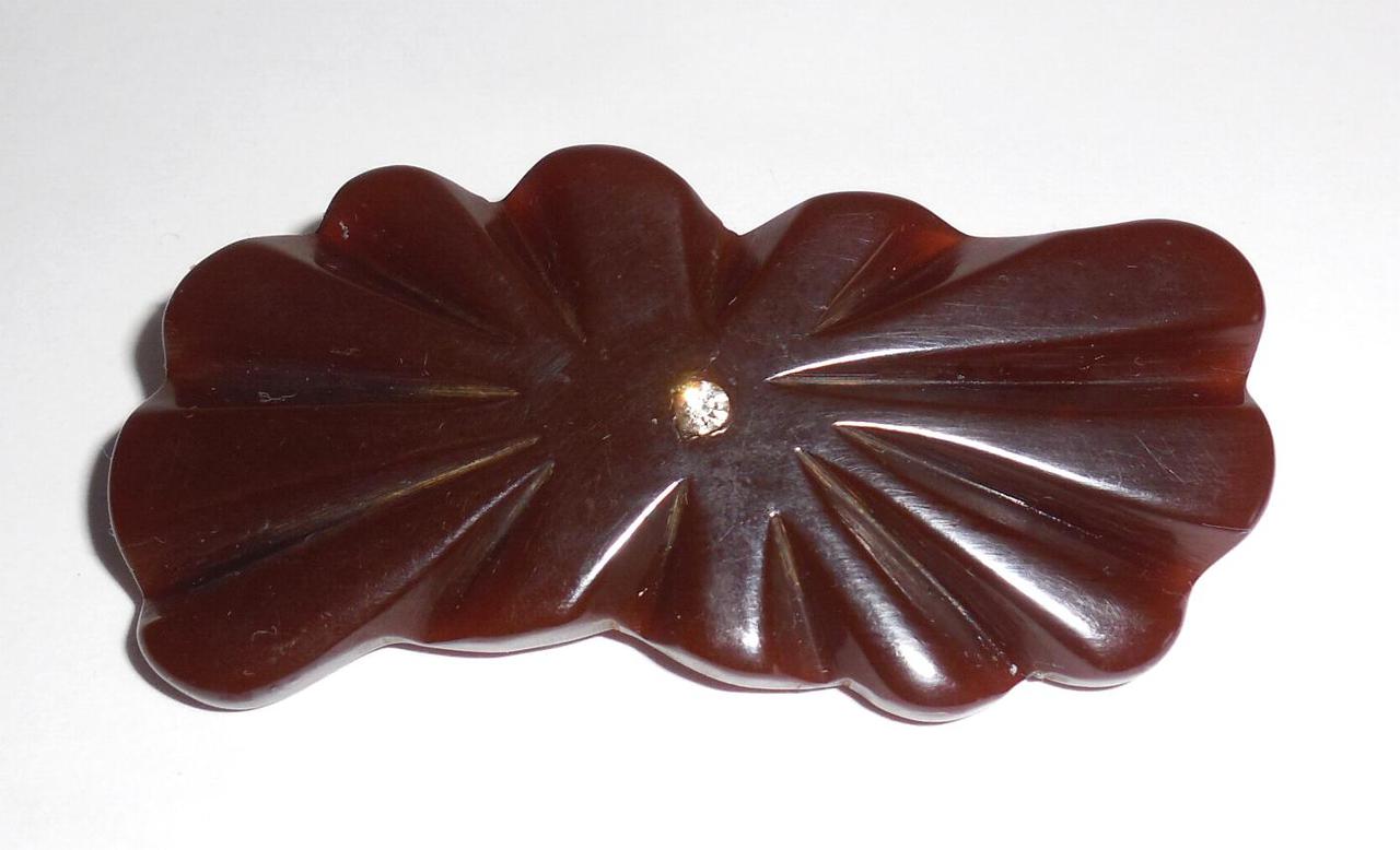 Art Deco 1930s Carved Chocolate Brown Vintage Bakelite Pin W Rhinestone