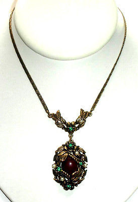 Vintage 1960s Etruscan Glass Cabs Rhinestone Pearls Necklace