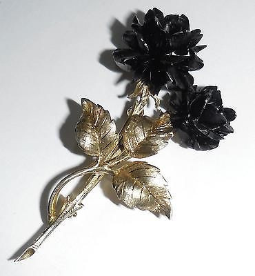 Long Vintage Art Deco Germany Sterling Silver Dyed Carved Ivory Black Rose Pin