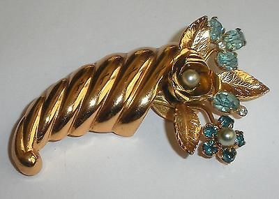 Vintage Coro Jeweled Rhinestone Pearl Cornucopia Pin