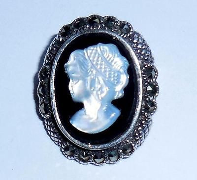 Vintage 925 Sterling Silver Onyx Marcasite Shell Cameo Pin