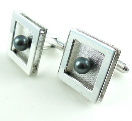 Vintage Shadowbox Mens Sterling Silver Cufflinks With Faux Pearls