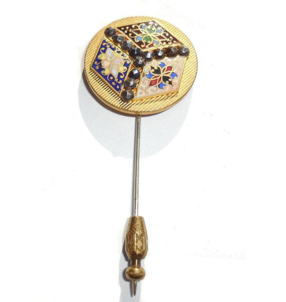 Rare Antique 1920s Art Deco Handmade Brass Champleve Enameled Button Stickpin Large