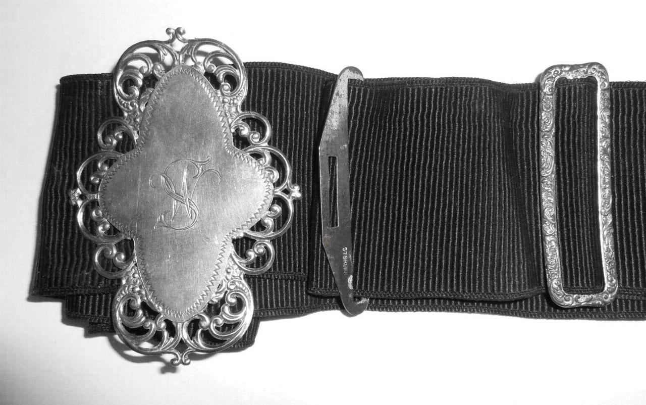 Antique Victorian Large Sterling Silver Sash Buckle And Belt Complete Original
