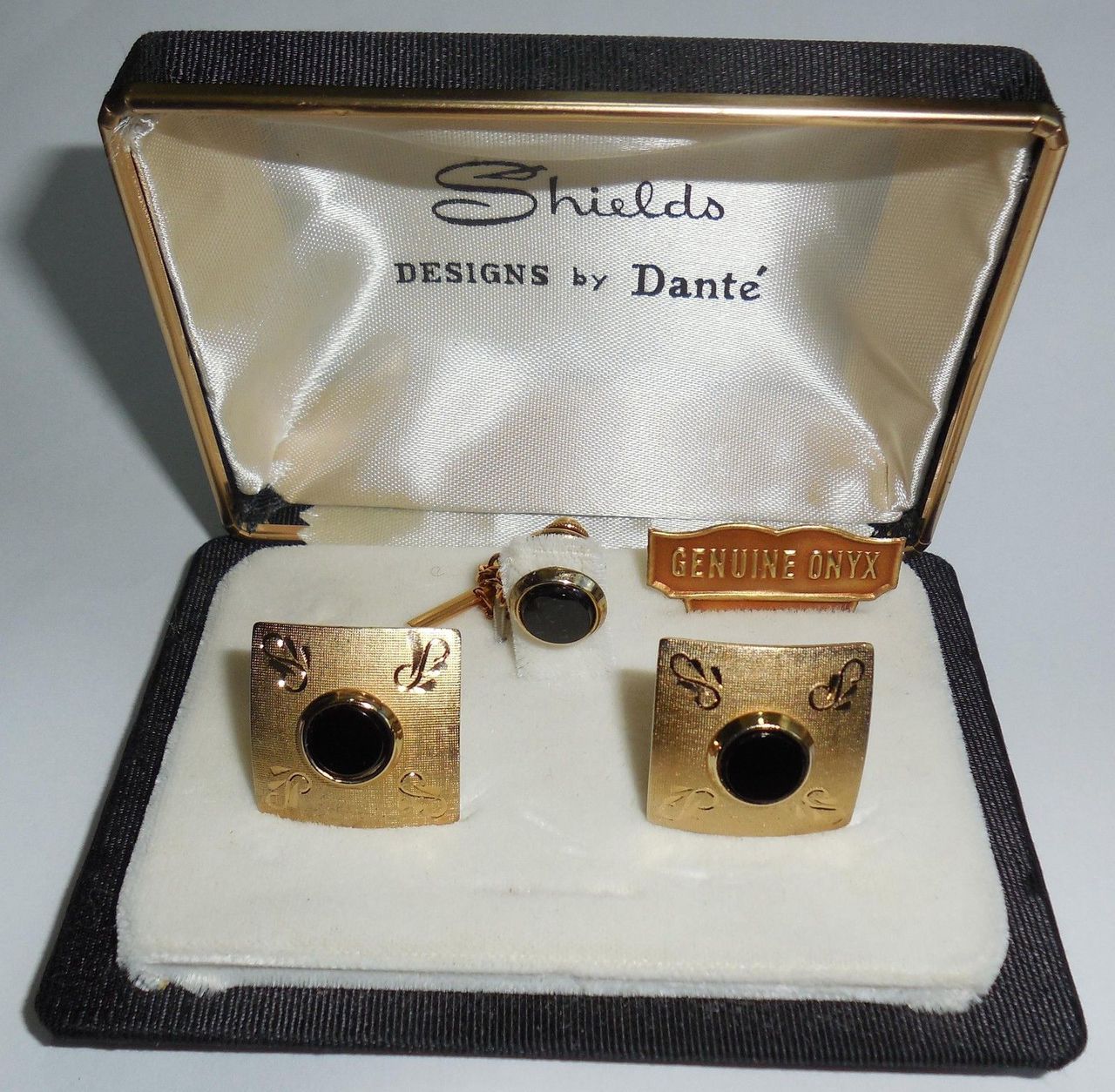 Vintage Dante Gold Tone Onyx Mens Swivel Cufflinks And Tie Tac Set In Box