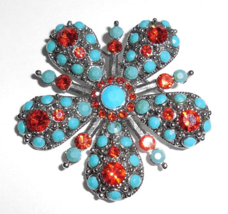 Vintage 1960s Mid Century Brilliant Red Rhinestone And Glass Turquoise Silver Pin
