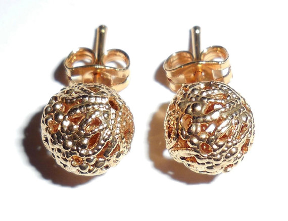 Vintage Gold Plated Fancy Filigree 9mm Ball Earrings Pierced Post Great Condition No Wear 1 Pair