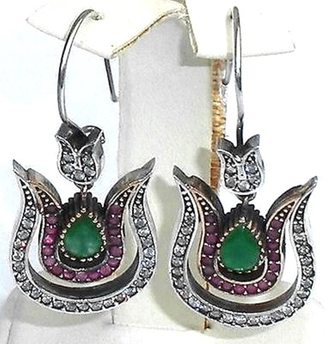 Stunning Modern Georgian Victorian Jeweled Sterling Silver Gold Wash Earrings
