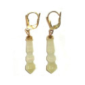 Vintage Gold Plated European Leverback Carved Lt Green Onyx Stone Dangle Earrings Pierced