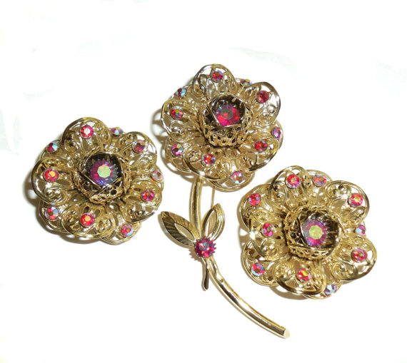 Never Used Vintage Sarah Cov Coventry Blooming Rose Pin Earrings Set Filigree Ab