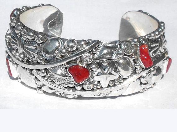 Very Fancy 61.3gr Native American Ef Sterling Silver Red Coral Navajo Open Cuff Bracelet Size 7 Medium