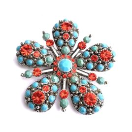 Vintage Mid Century 1960s Mod Vivid Blue Glass Turquoise Red Rhinestone Silver Flower Pin