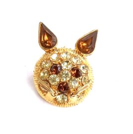 Vintage 1960s 1970s Crisp Clean Cat Face Pin Heavy Gold Tone Topaz Color Rhinestones