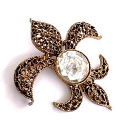 Large Vintage 1970s Ornate Thick Fancy Filigree Fleur de Lis Faceted Crystal Center Pin