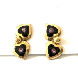 Art Deco Sterling Silver Gold Wash Enamel 2 Heart Screw Earrings